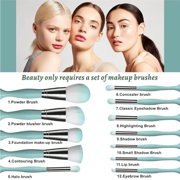 Mermaid Ocean Sea Vibes Mint Green 12 Makeup Blending Brushes | Face Eyes | NEW - Picture 4 of 6